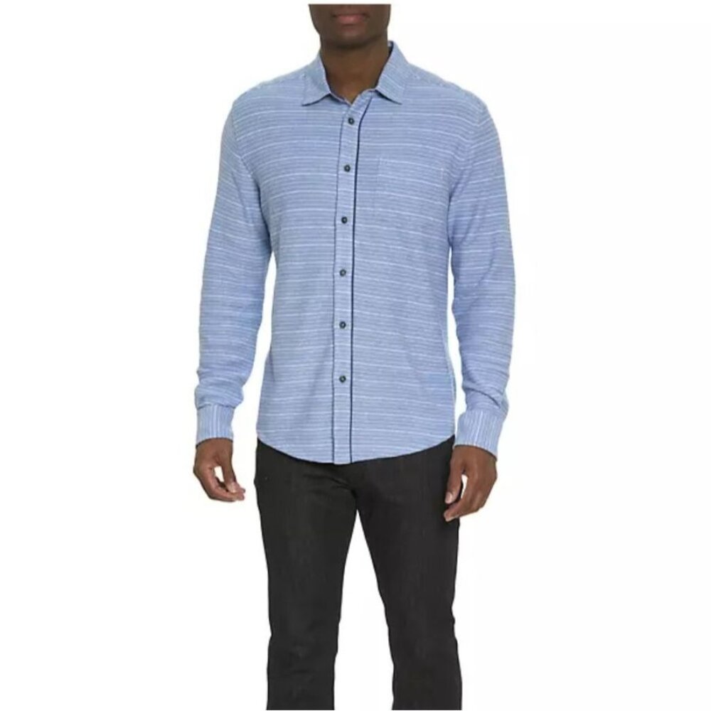 Robert Graham Shirt Mens Large Blue Adler Striped Terry Knit Casual Button Up